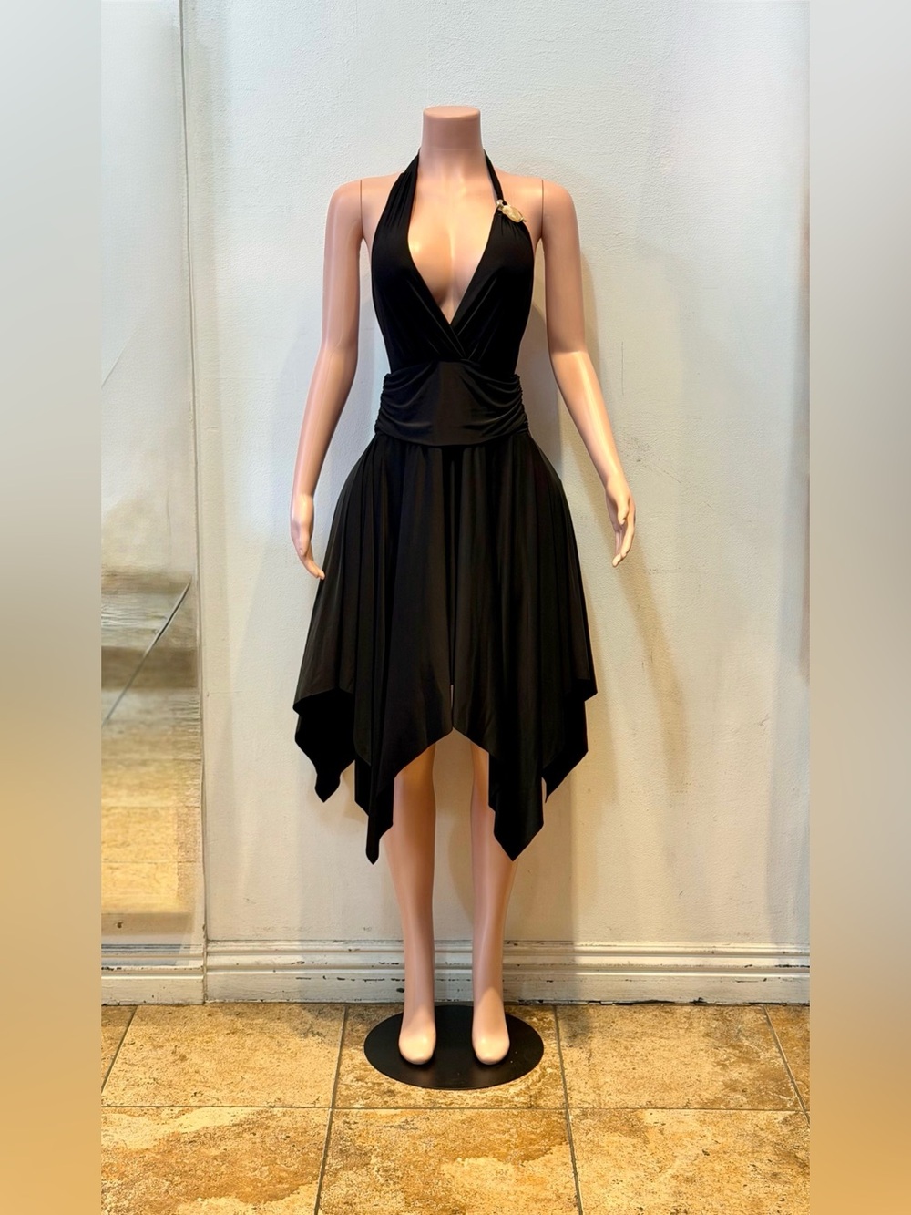 Black Halter Asymmetrical Handkerchief Hem Dress